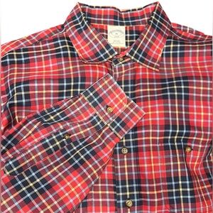 Brooks Brothers 346 Men's XL Slim Fit Red Blue Plaid All Cotton No Iron‎ Shirt